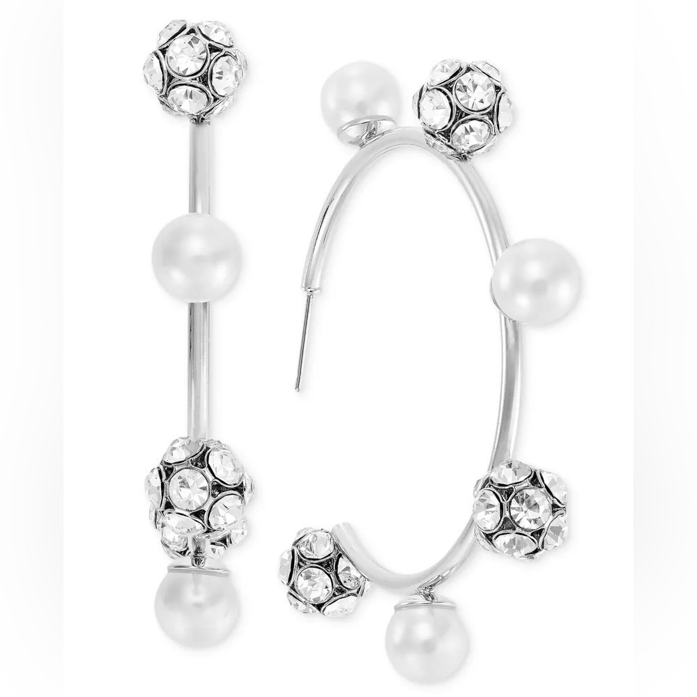 NWT Large Pave Fireball & Imitation Pearl C-Hoop Earrings